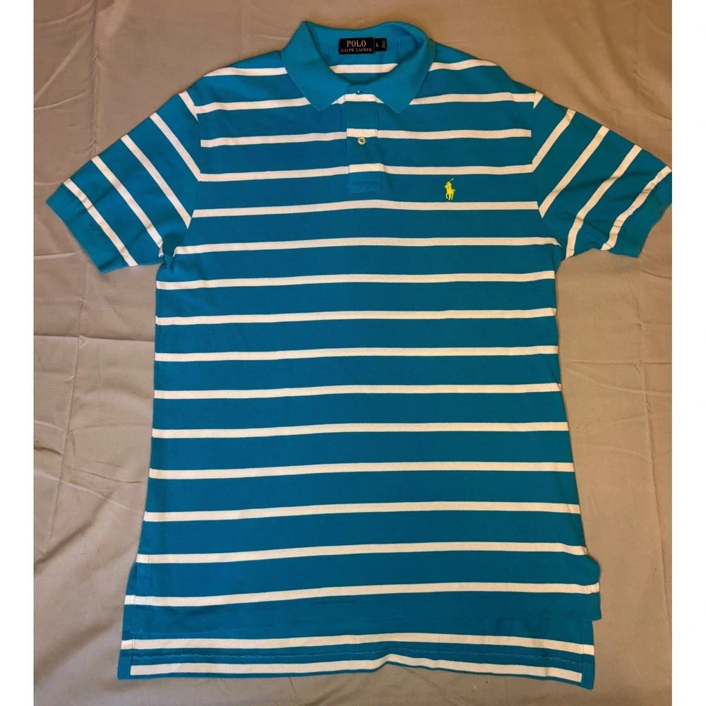 Polo Ralph Lauren Mens Large Turquoise Blue White Striped Short Sleeve Shirt